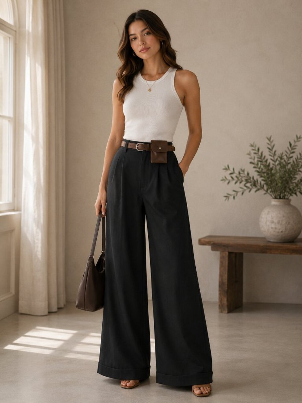 The Capsule Pleat Pants with Pouch Belt in Black